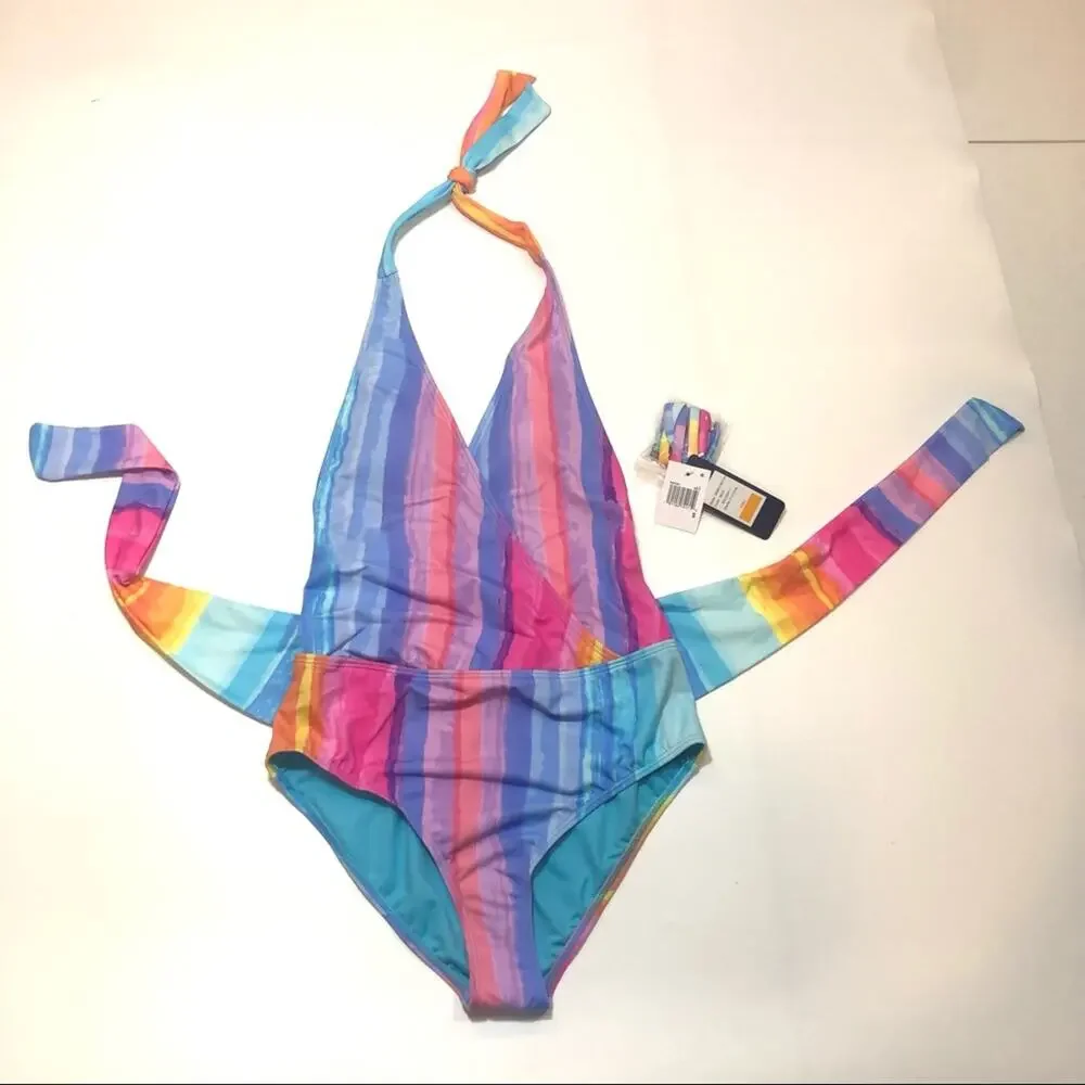 Rachel Roy Wrap Front Belted One Piece Swimsuit